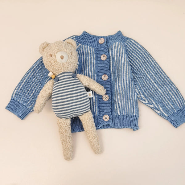 Cotton Brioche Cardigan - Dusty Blue Stripe