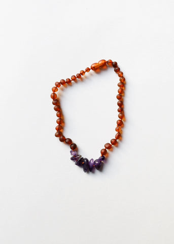 Raw Cognac Amber and Raw Amethyst - Necklace