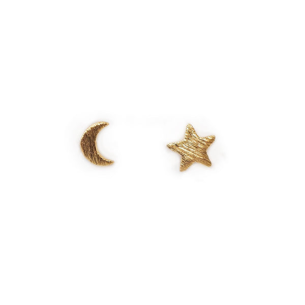 Moon & Star Stud Earrings - Gold